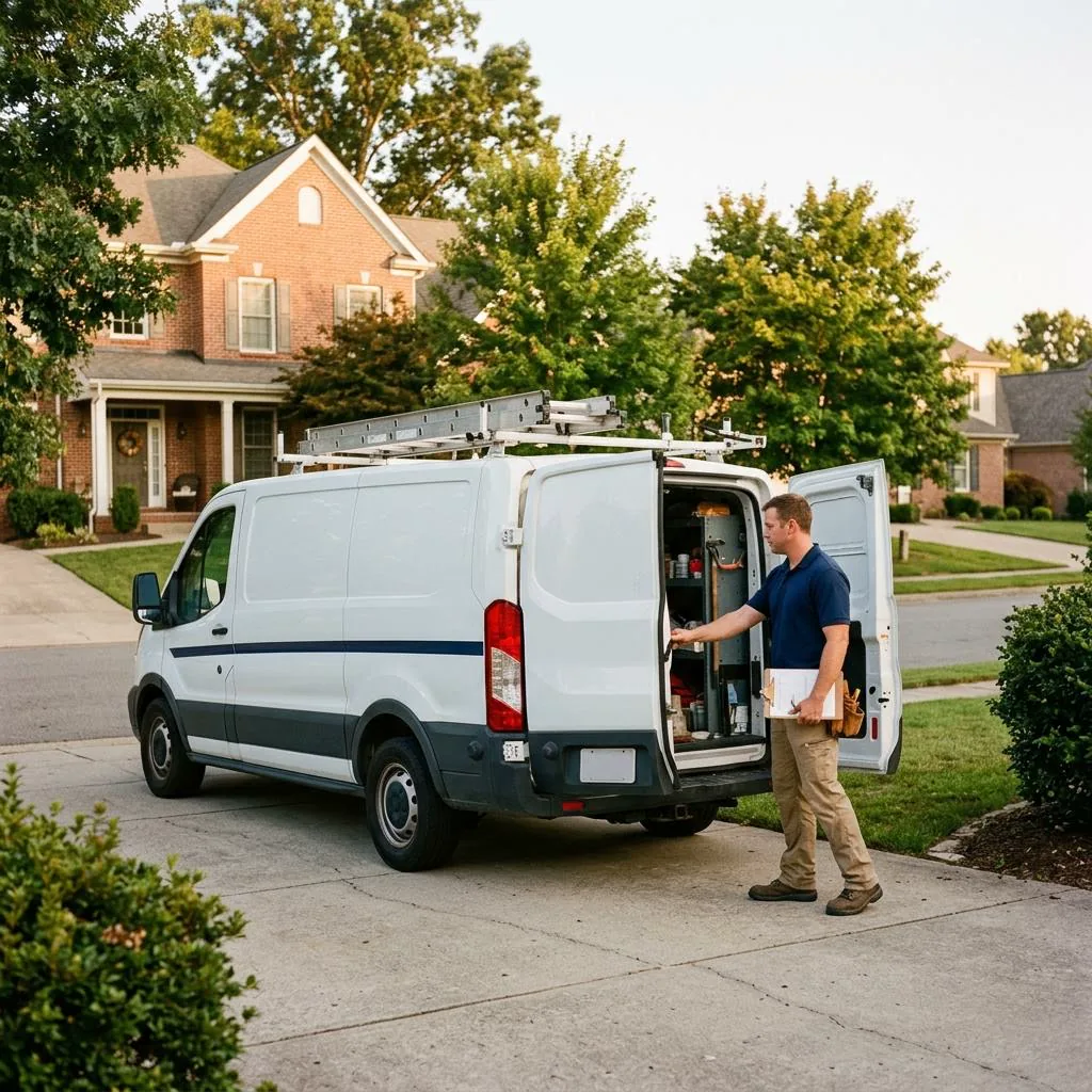 HVAC service van parked in a residential driveway with a technician closing the rear doors