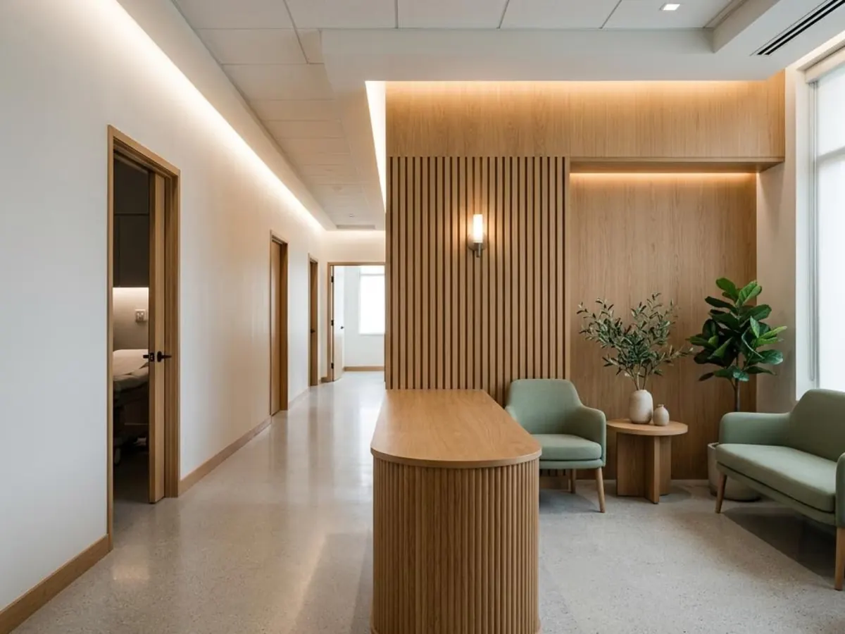 Empty modern medical clinic reception with warm oak paneling