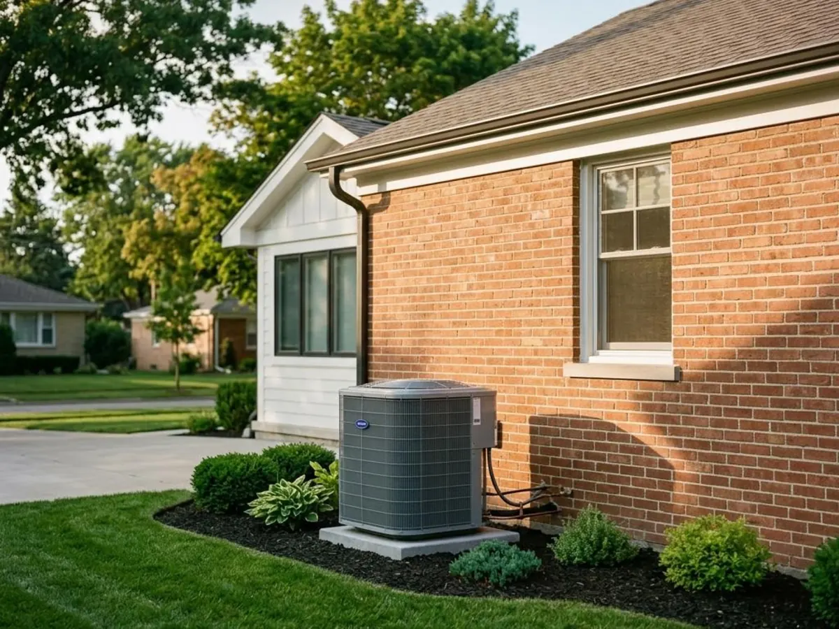 Outdoor HVAC condenser unit beside a brick suburban home in afternoon light