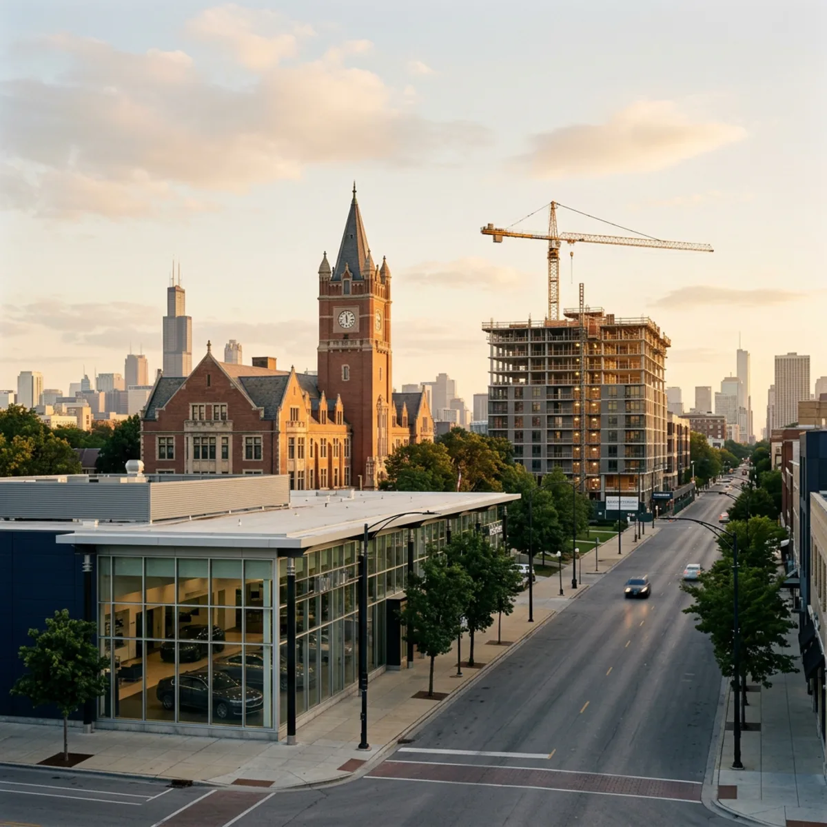 Mid-size city street at dusk with a glass storefront, a landmark tower, and a building under construction