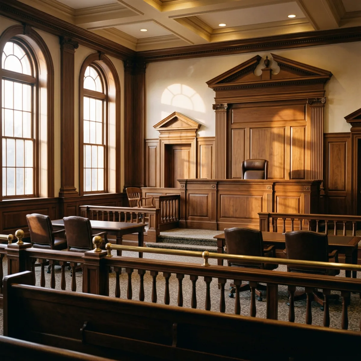 Empty wood-paneled courtroom with the judge's bench, witness stand, and counsel tables in afternoon light