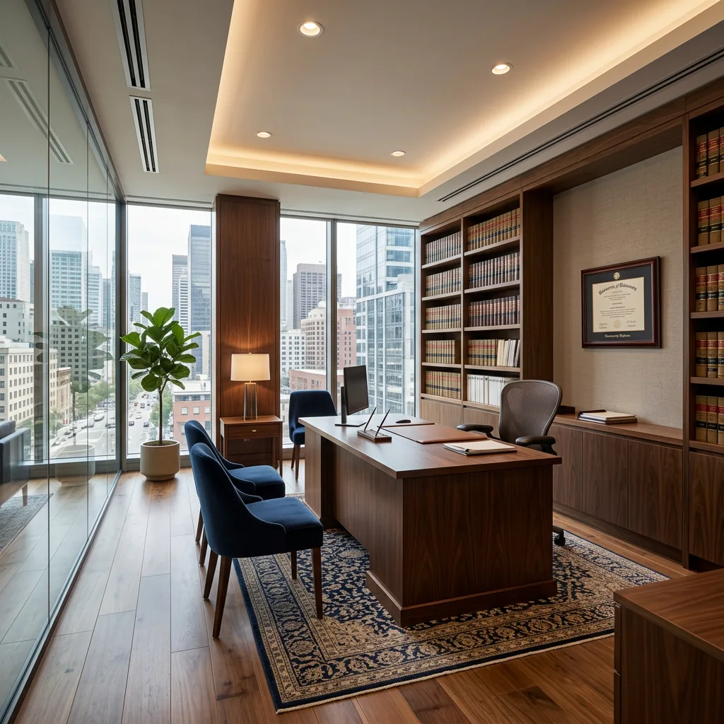 Empty modern law firm office with a walnut desk, bookshelves, and windows over the city
