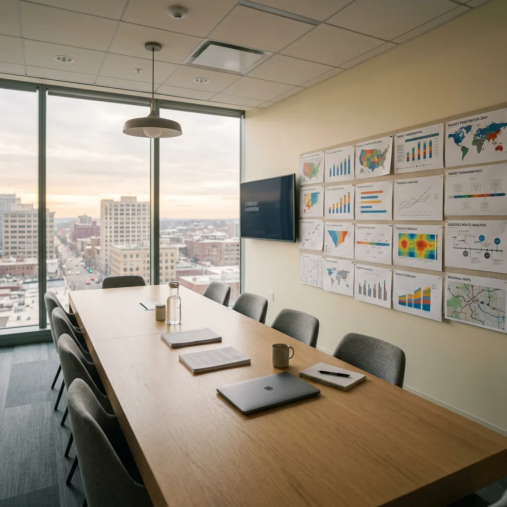 Empty planning room with printed market maps and charts pinned to the wall beside a window over a city skyline