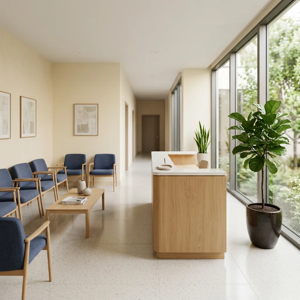 Empty modern doctor's office reception and waiting area with soft daylight