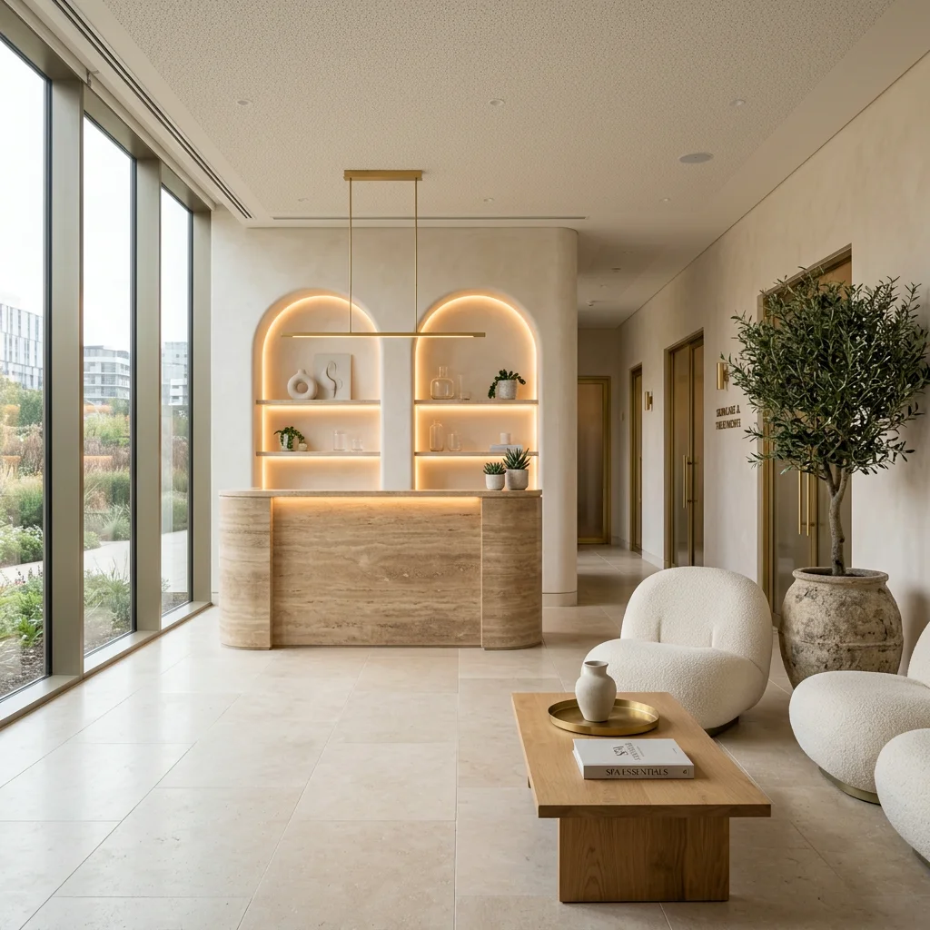 Empty modern med spa lobby with a stone reception desk, soft lounge seating, and warm natural light