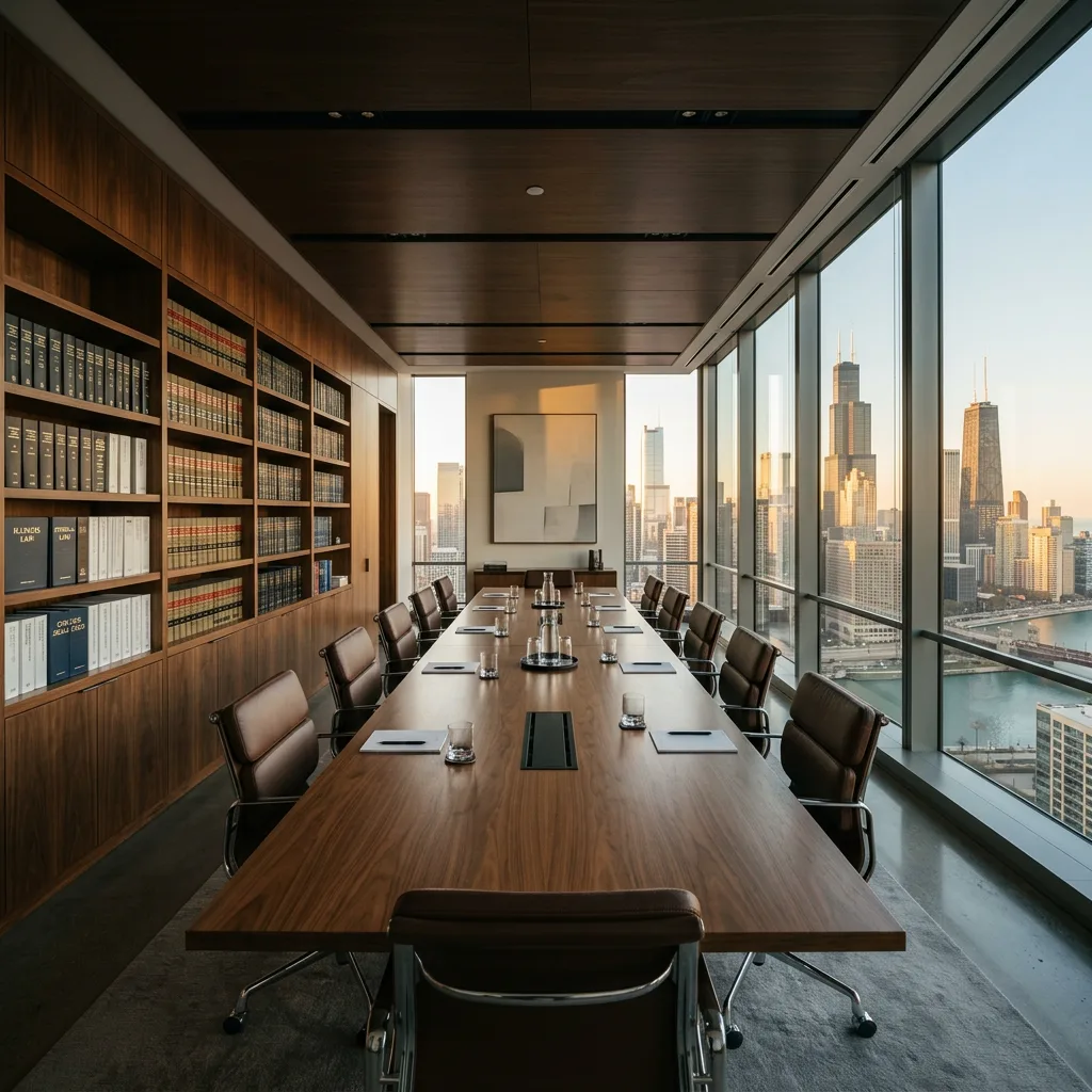 Empty law firm conference room with a long table and windows over the city skyline
