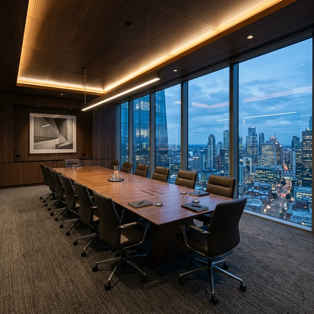 Empty executive boardroom at dusk with a city skyline beyond the glass