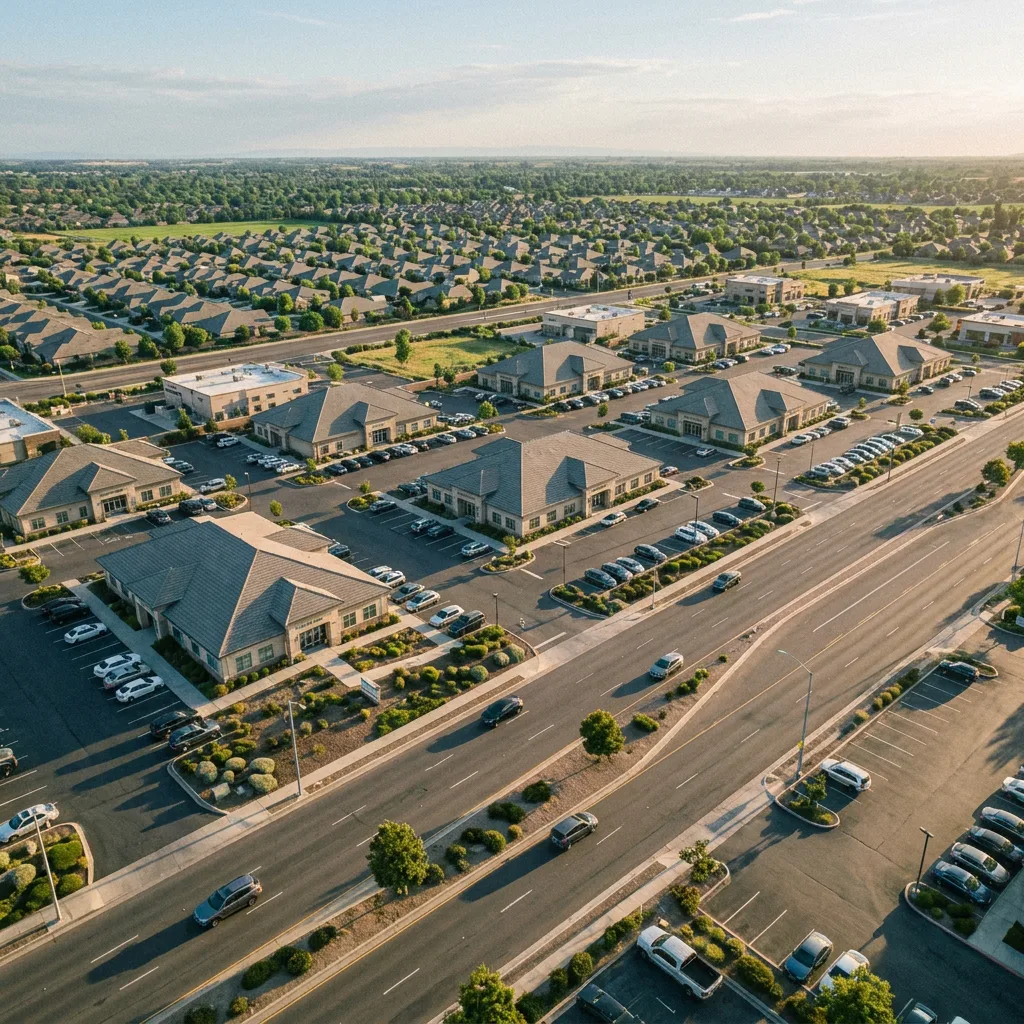 Aerial view of a commercial corridor with several service locations at golden hour